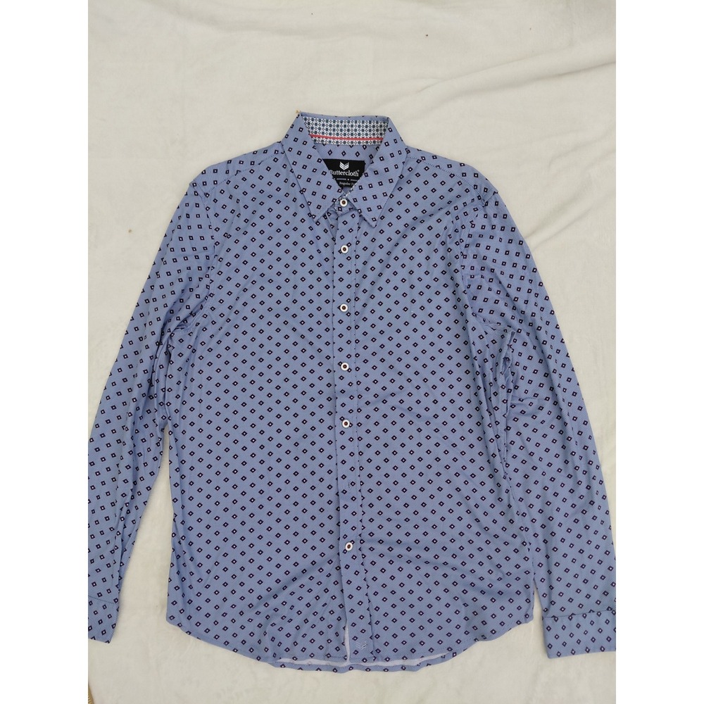 Buttercloth Mens Blue Geometric Diamond Print Long Sleeve Button Down Shirt L